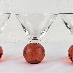 Martini Glasses Red Ball Base Set Of 3 Cosmo Liquor Vintage Blown Bubble Unique